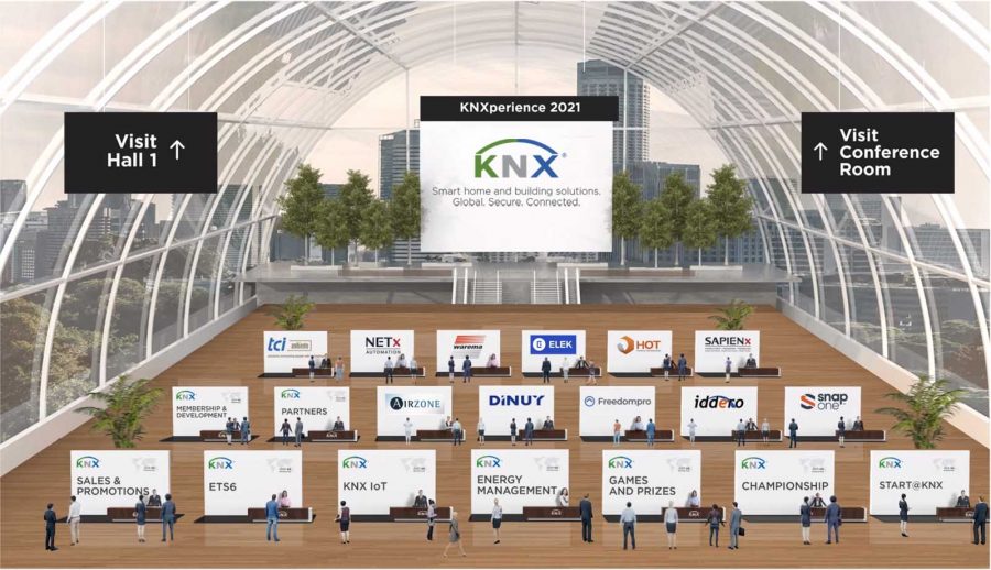 Targi KNXperience 2021 - zdjęcie przedstawiające widok Pierwszej hali wystawowej ze stoiskami KNX Association