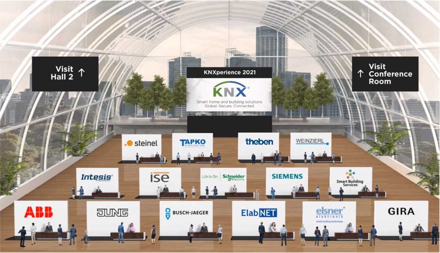 Targi KNXperience 2021 - zdjęcie przedstawiające widok wystawców na hali targowej różnych producentów KNX takich jak STEINEL, THEBEN, TAPKO, ABB, JUNG, GIRA